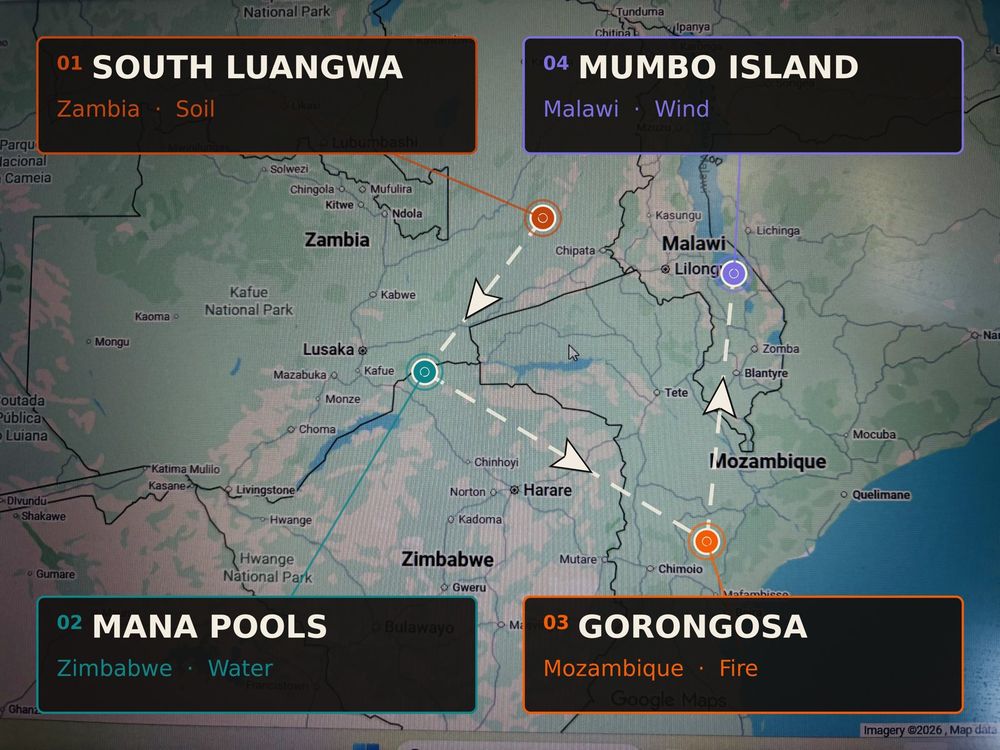 Route map of the Elementa Africa four-country wellness safari circuit through Zambia, Zimbabwe, Mozambique and Malawi