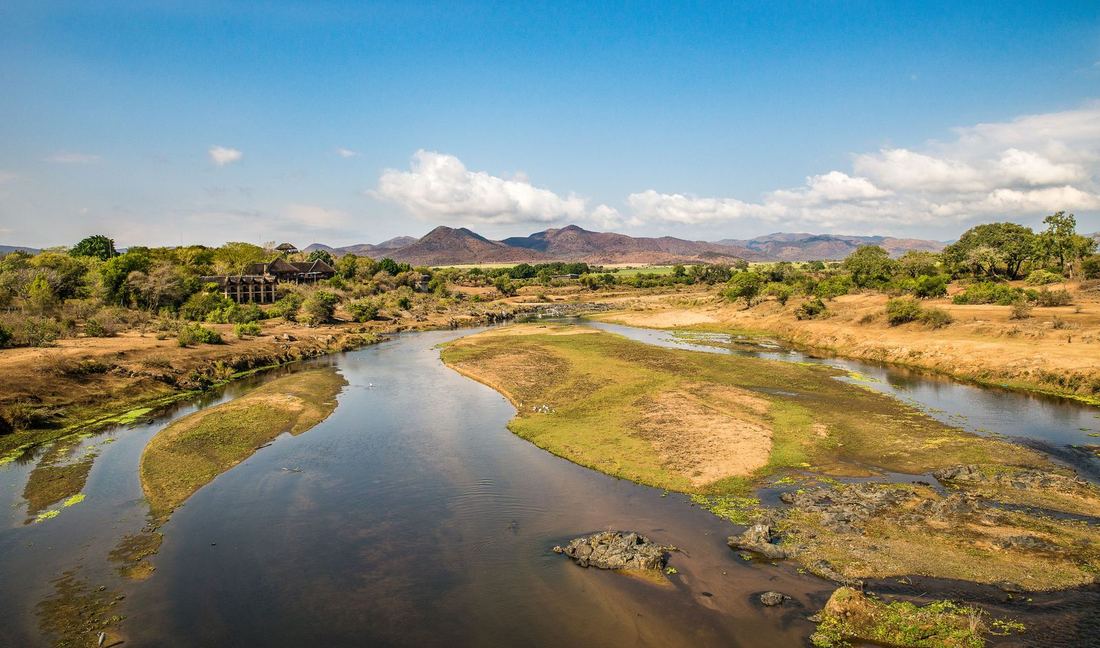 An aerial view of a private Zambezi riverfront lodge near Mana Pools