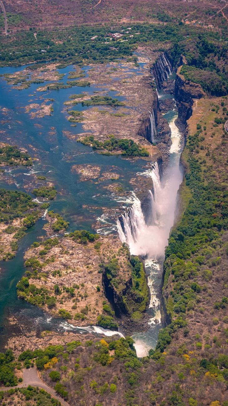 Aerial view of the Zambezi River and Victoria Falls near the Zimbabwe circuit stop
