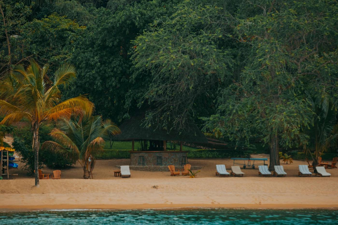 Beach loungers and a thatched bar at a private Lake Malawi lodge, shaded by palm trees
