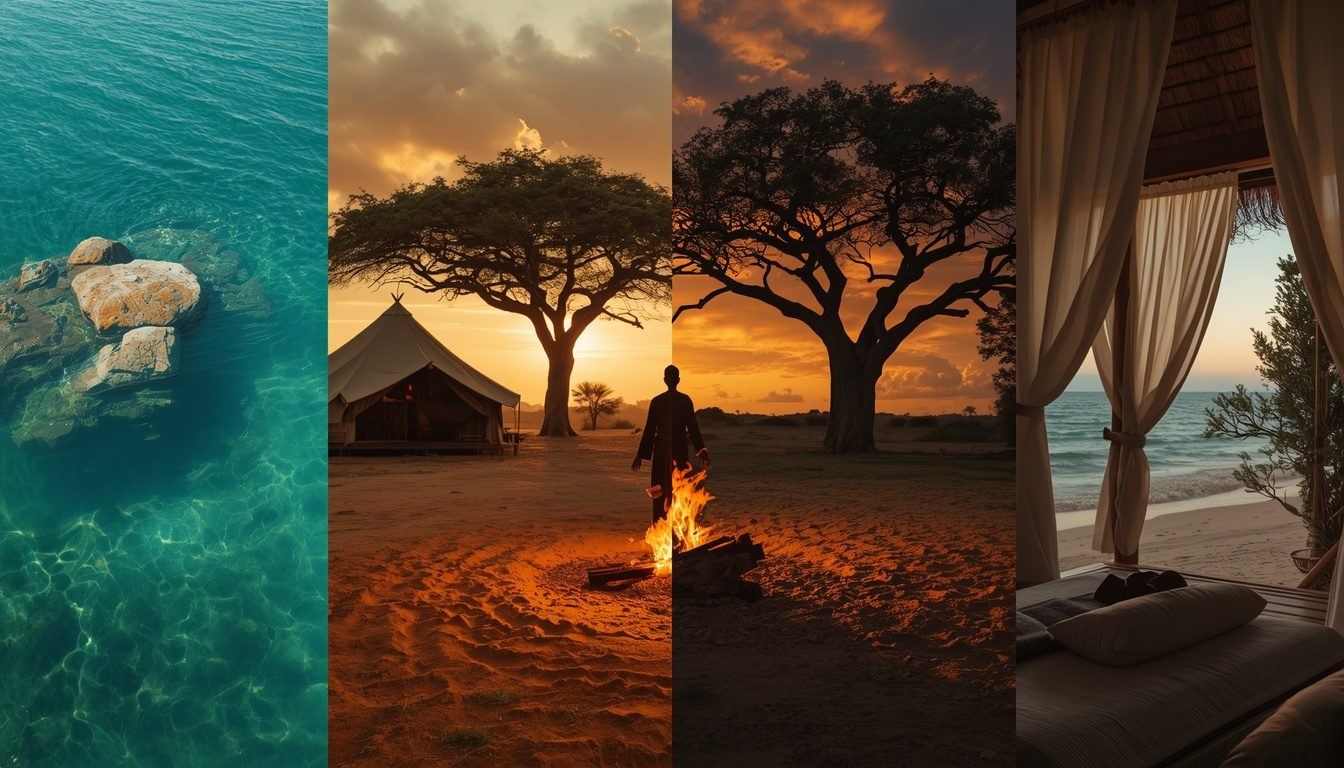 Bespoke African wellness safari — underwater rocks, baobab camp fire at dusk, silhouette by firelight, beachfront daybed